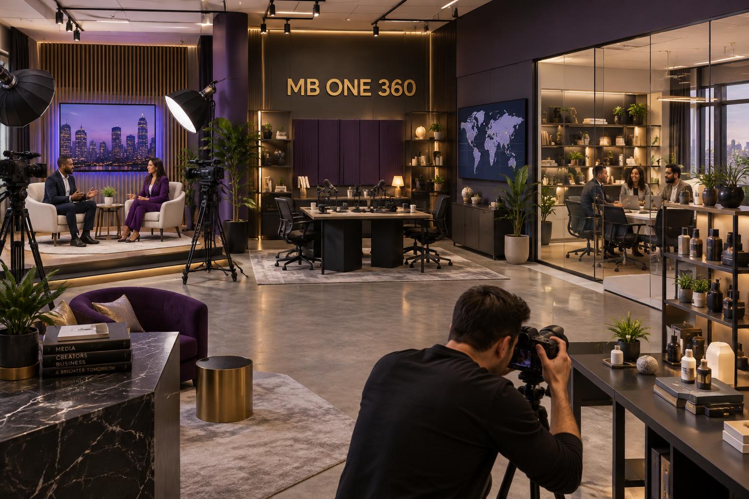 Conceito do espaço MB ONE 360 com estúdio de TV, podcast, fotografia e encontros entre marcas e profissionais
